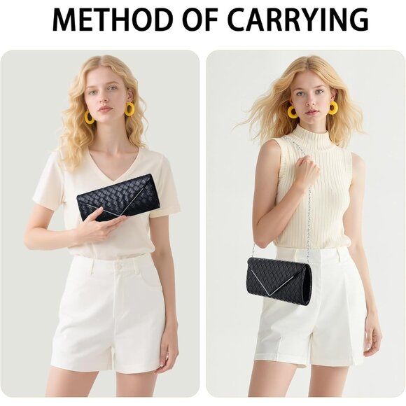 Women's Black 2 Clutch Purses Sparkling Envelope Evening Bag Detachable Chain - Picture 2 of 7